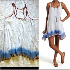 Free People Dress Sea Foam Racer Back Women’s Medium Blue White Brown Trim Gold